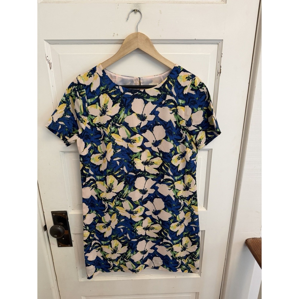 J.Crew Women's Pink Blue Floral Gallery Shift Dress Short Sleeves‎ Size 4 Petite